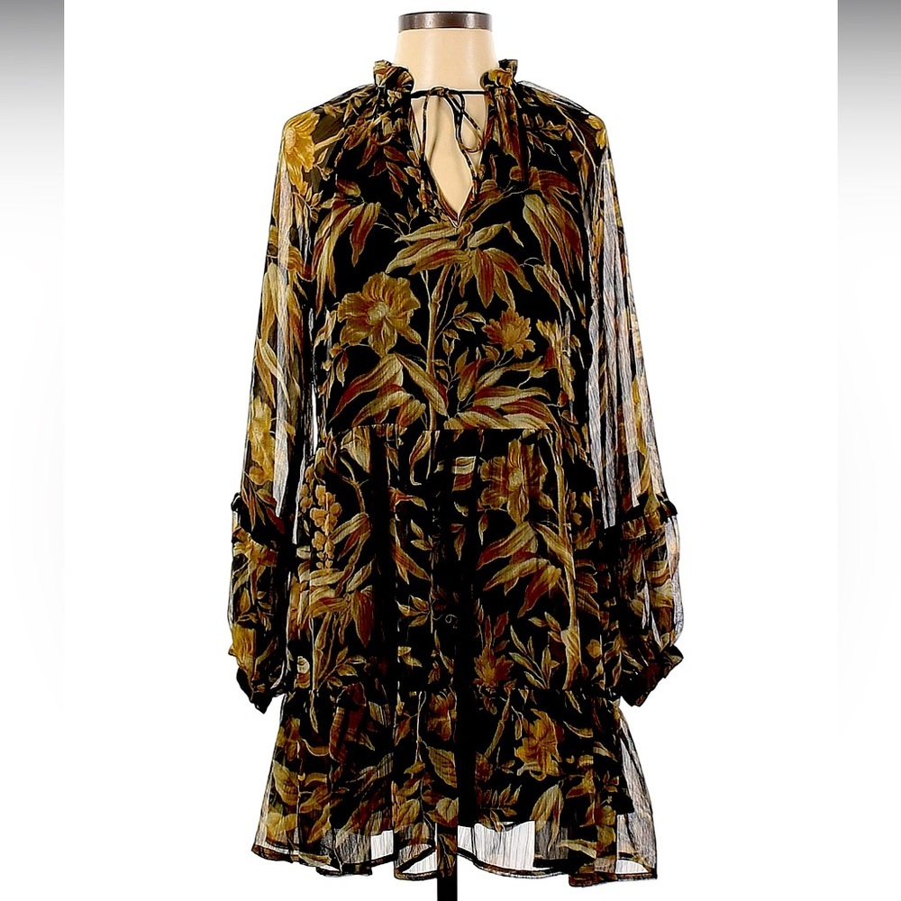 H&M Floral Ruffed Accent Dropped Waist  Long Sleeve Dress Women Size 6 US